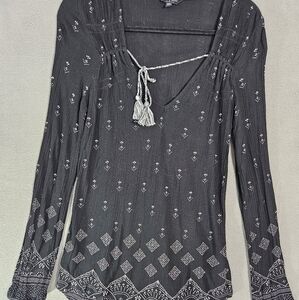 Lucky Brand Womens Vneck Tie Shirt Long Sleeve Black Dimonds Size Medium M